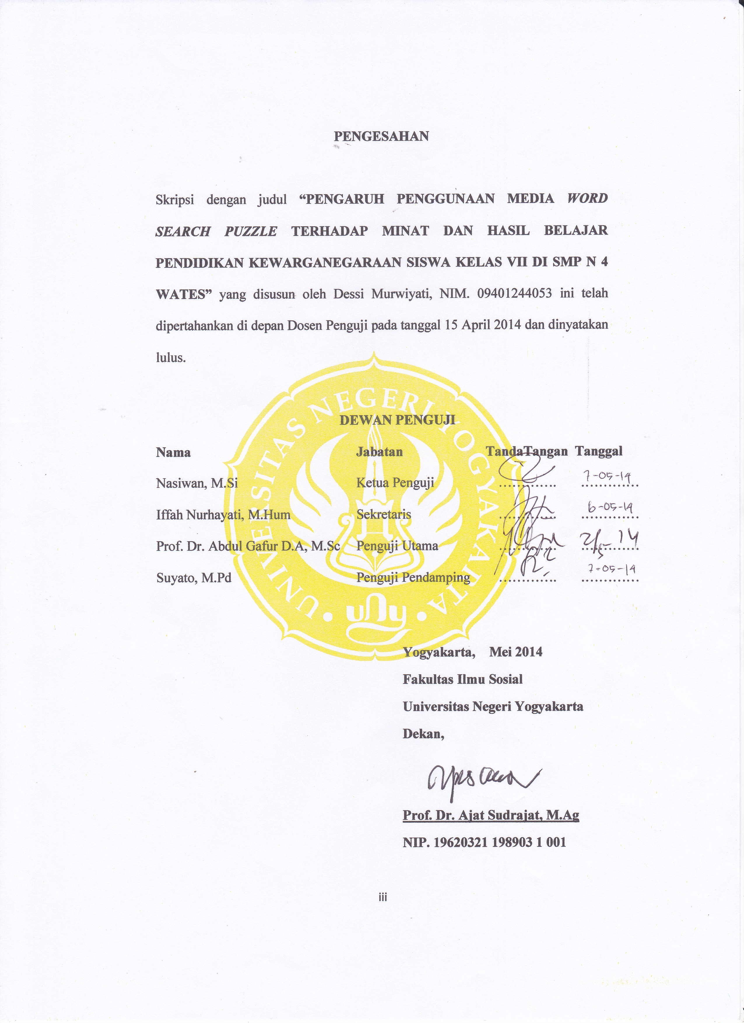 Pengaruh Penggunaan Media Word Search Puzzle Terhadap Minat Dan Hasil Belajar Pendidikan Kewarganegaraan Siswa Kelas Vii Di Smp N 4 Wates Lumbung Pustaka Uny